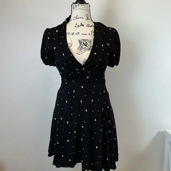 Free People Mini Dress Polka Dot Tie Neck Short Sleeve Black S - Picture 1 of 7
